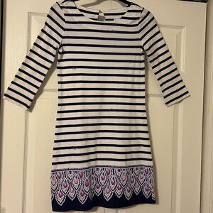 LILLY PULITZER Marlowe Sz XXS  Navy Blue & White Stripes 3/4 Sleeve Dress